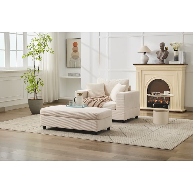 Chaise Lounge Chair with Removable Ottoman, Modern Accent Armchair Corduroy Sleeper Sofa Chair with Pillows for Living Room