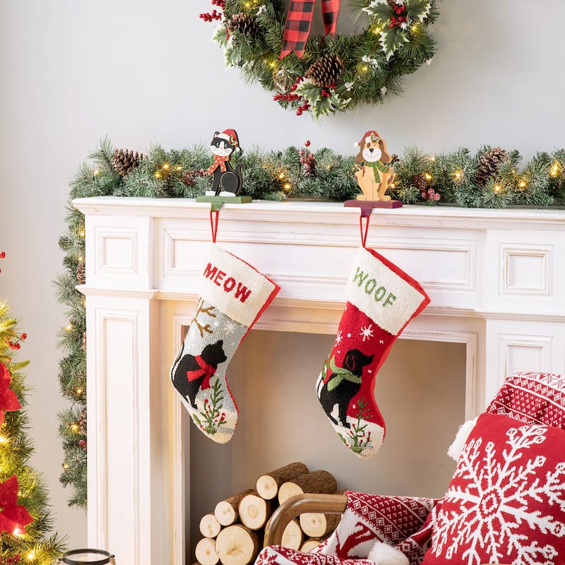 Glitzhome 7.75" H Christmas Wooden/Metal Animal Stocking Holder, Dog, Cat for Mantel Ornament - 7.50"h