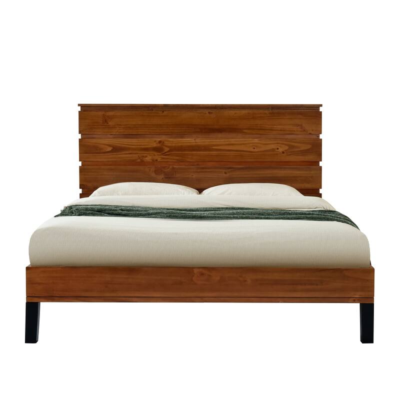 Rustic Brown Solid Wood Frame Full/Queen/King Size Panel Bed Platform Bed Frame with Six-Piece Headboard,No Box Spring Needed - Full