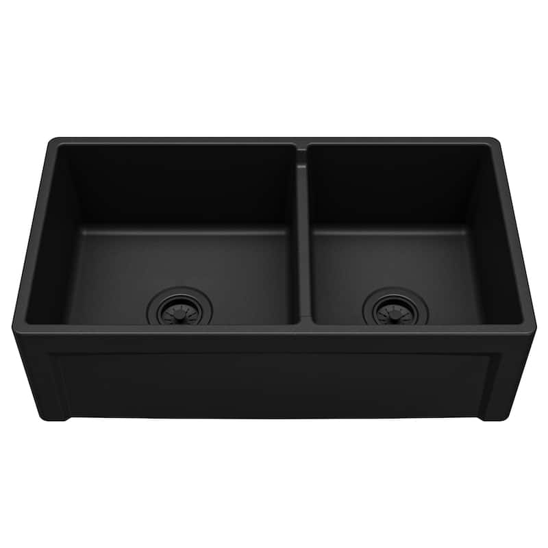 Karran 33" Double Bowl Panel Front Farmhouse Fireclay Kitchen Sink with Reversible Apron Front