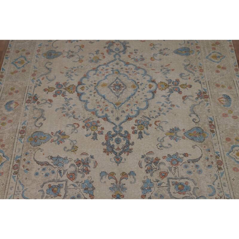 Tabriz Persian Area Rug Beige Floral Handmade Wool Carpet - 7'10"x 11'1"