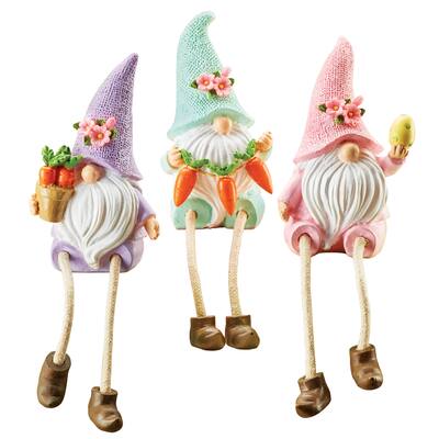 Hand-Painted Pastel-Colored Easter Gnome Sitters - Set of 3 - 3.25 x 9.25 x 2.25