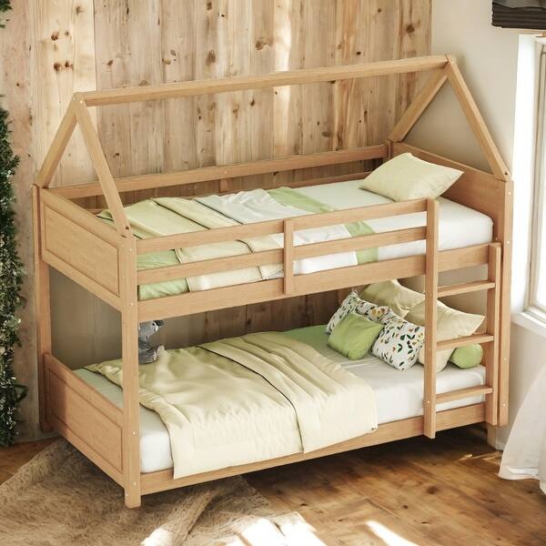 slide 2 of 54, Wooden Low Height Twin Over Twin Bunk Bed Kids Bed with Guardrails,Ladder White Oak