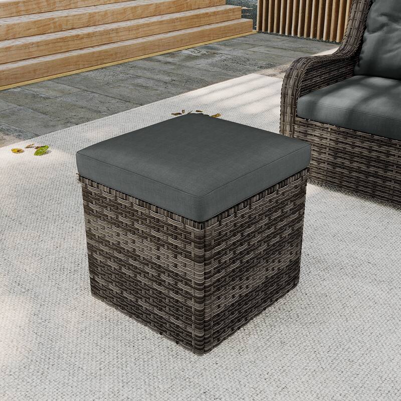 Outdoor Patio PE Wicker Ottoman with Cushion - Grey/Brown rattan