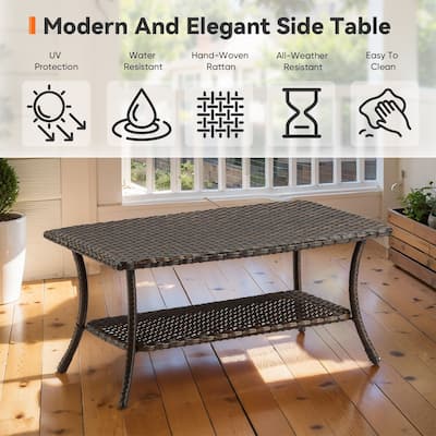 Meina Brown Wicker Rectangular Outdoor Coffee Table with Lower Wicker Storage Shelf