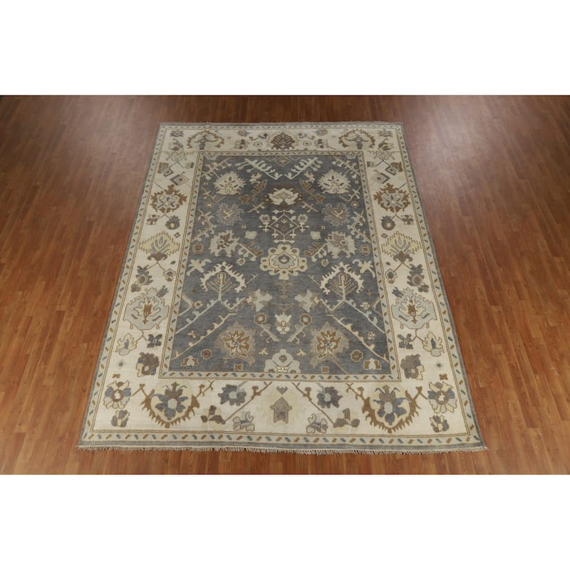 Slate Gray Oushak Indian Area Rug Hand-Knotted Wool Carpet - 8'10" x 11'8"