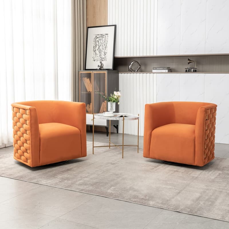 Modern Glam Velvet Upholstered 360 Degree Swivel Barrel Chair Set of 2 - Orange