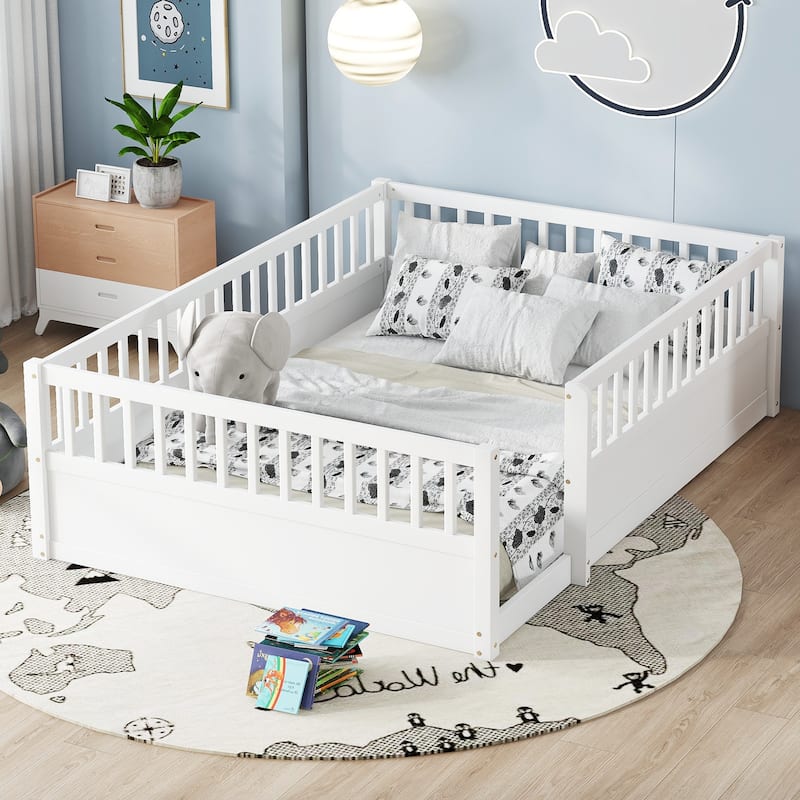 Full Floor Bed Frame with Fence, Montessori wooden children's floor bed,Wood Kids Floor Beds Frame for Bedroom Playroom - White