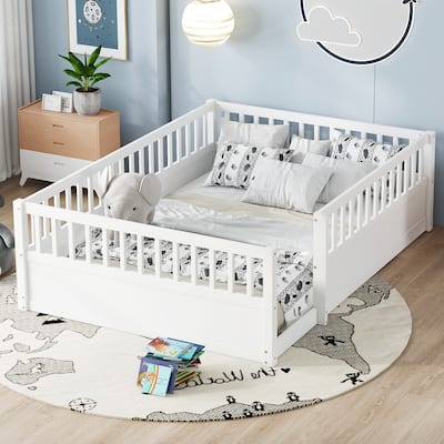 Montessori Toddler Floor Bed Child's Play Wood Bed Frame with High Fence and Open Door, No Slats - Twin Size or Full Size Option