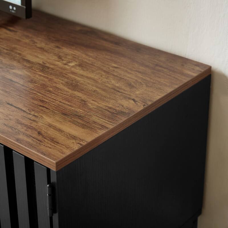 Black 63" TV Stand with Striped Grille Doors & Storage Shelves - Mid Century Modern Media Console