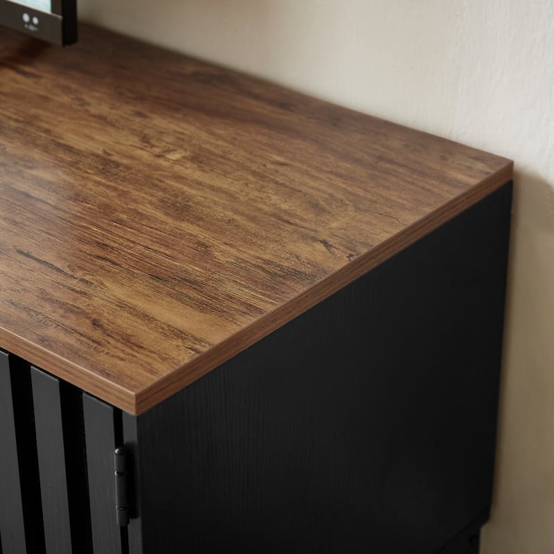 TV Stand with Grille-Striped Doors, Entertainment Center with Open Shelves, Media Console Table with Metal Legs