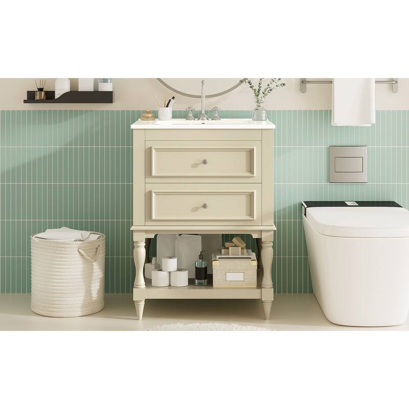 24" Bathroom Vanity with Ceramic Sink, Bathroom Storage Cabinet with Open Shelf, Retro Design Bathroom Cabinet with 2 Drawers