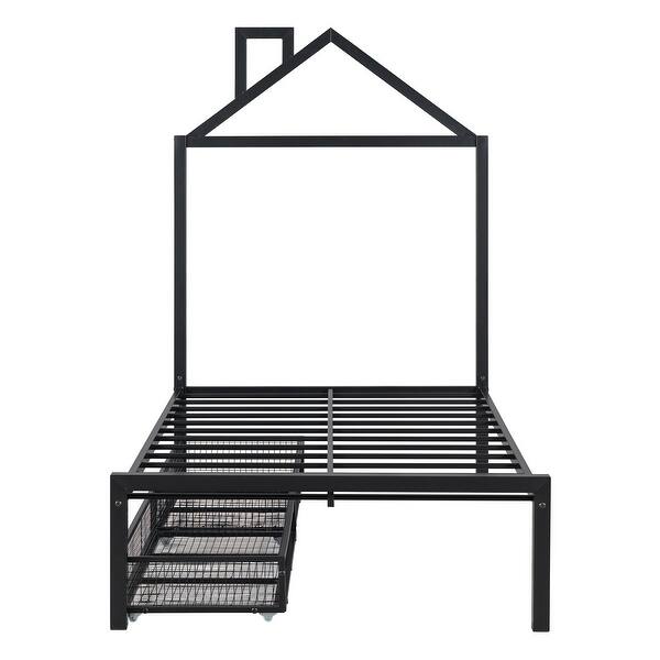 slide 2 of 15, Bedroom Bed Frame with 2 Drawers and House-Shaped Headboard for Kids, Twin Size Metal Platform Bed,Black Black - Twin