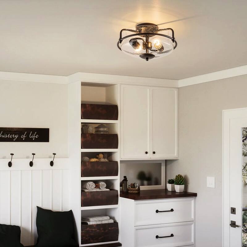 2-Light Modern Transitional Metal & Glass Flush Mount with Clear Bubble Glass Shade for Bedroom - 12.6 in. W x 7.3 in. H