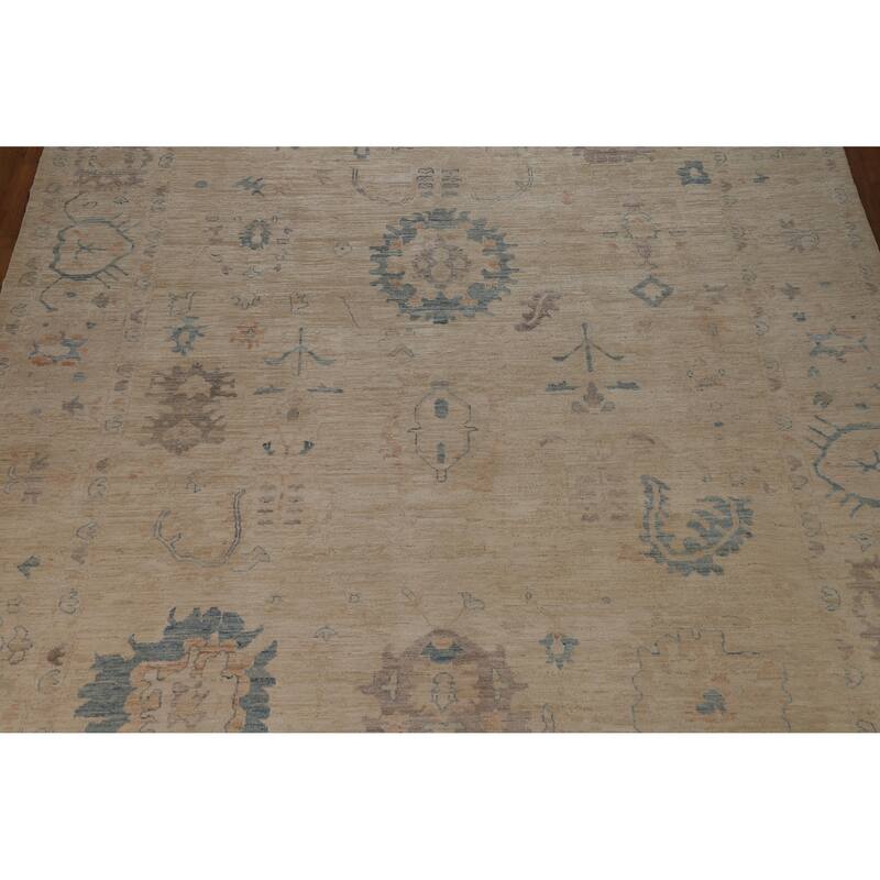 Transitional Beige Oushak Turkish Large Rug Hand-Knotted Wool Carpet - 9'6"x 13'9"