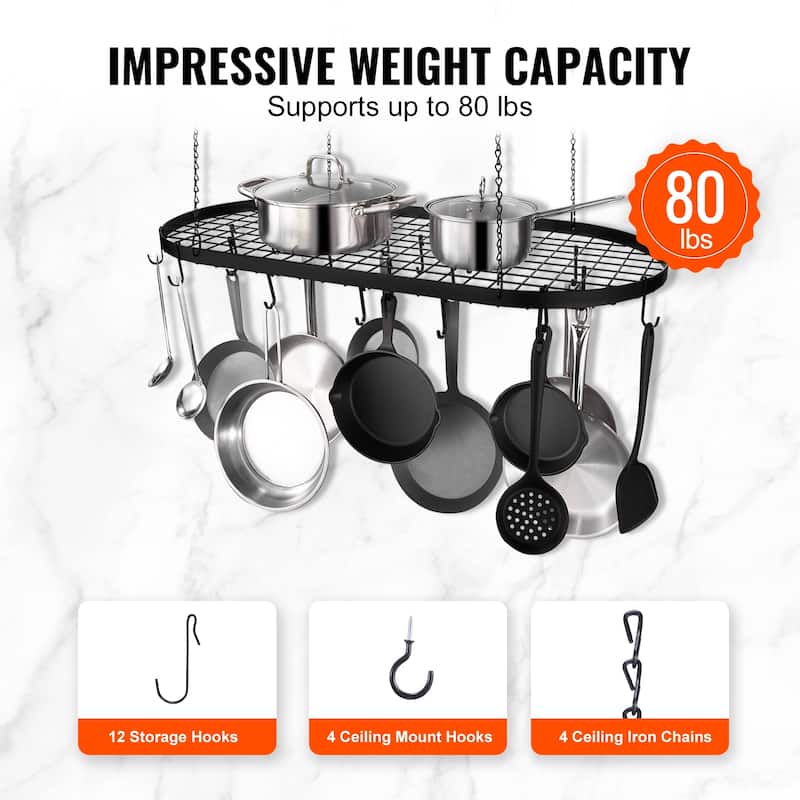 Hanging Pot Rack, Hanging Pot Rack Ceiling Mount, Ceiling Pot Rack with S Hooks, 80 lbs Loading Weight, Ideal for Home