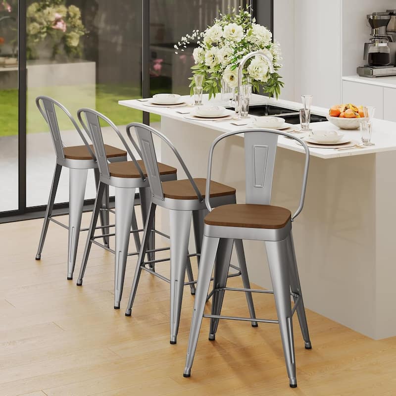 Counter Stools with Metal Frame Counter Height Bar stools with High Back 24" Kitchen Bar Furniture Stools with Wooden Seat - Silver - Set of 4