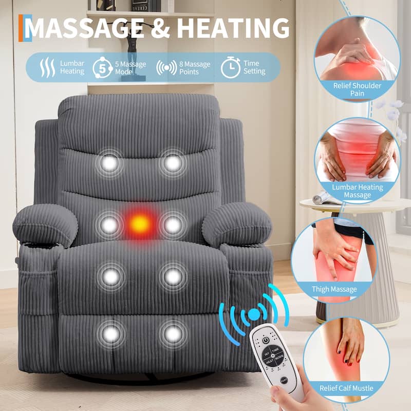 Swivel Rocker Recliner Chair with Massage and Heat, Oversized Reclining Sofa