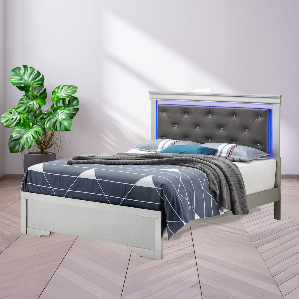 LED Lighted Jewel Tufted Panel Queen Bed - 85" - Silver Champagne