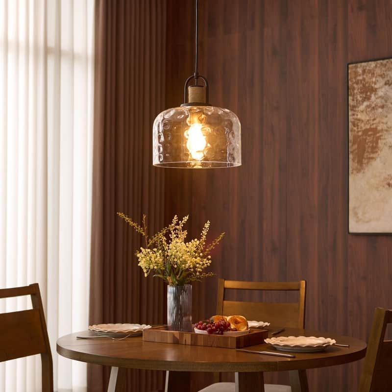 KAWOTI Modern Black Island Pendant Light with Clear Water Glass for Dining Kitchen - D12.25" * H12.75"（H14.375"~86.375"）