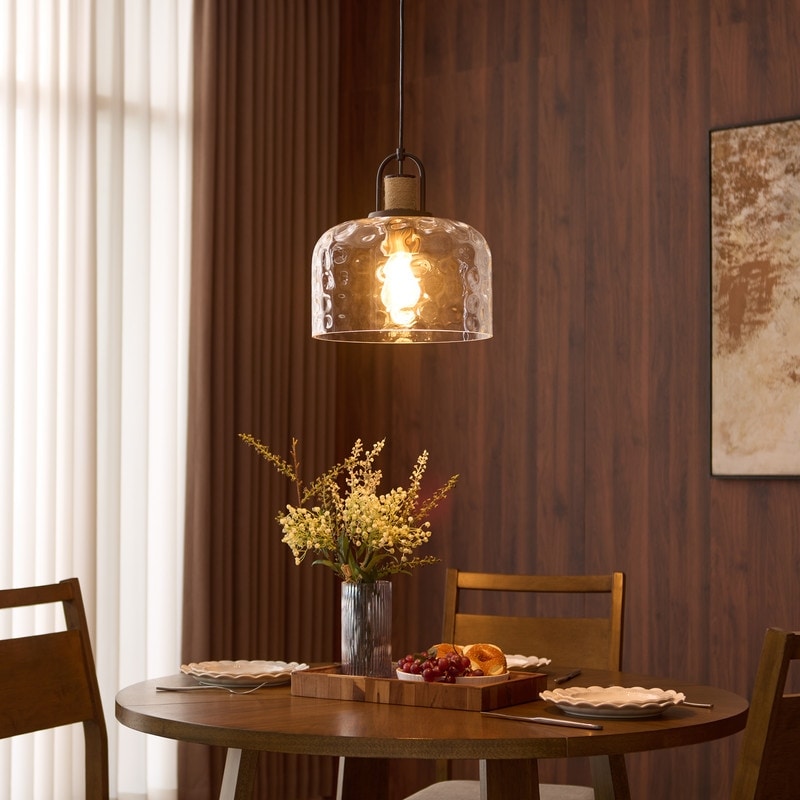 KAWOTI Modern Black Island Pendant Light with Clear Water Glass for Dining Kitchen - D12.25" * H12.75"（H14.375"~86.375"）