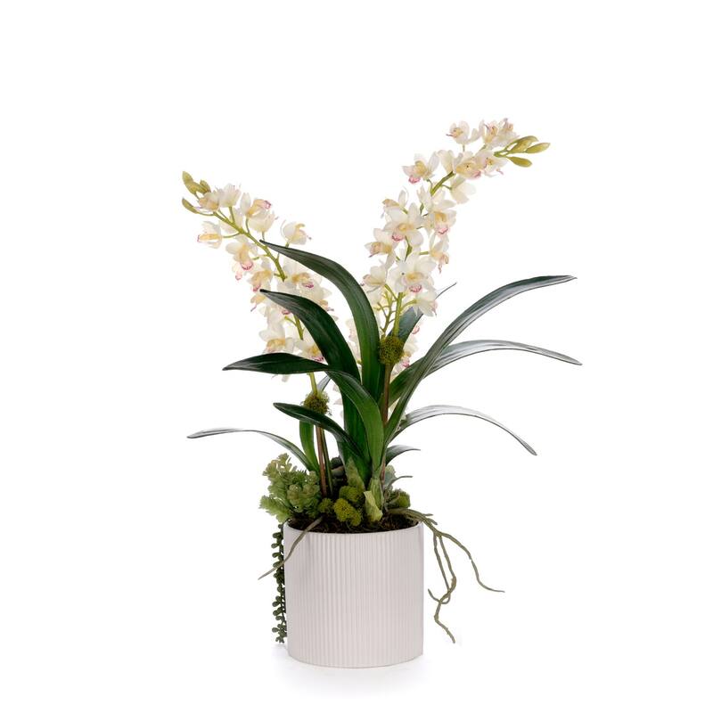 Real Touch White Cymbidium Orchid Arrangement in White Pot