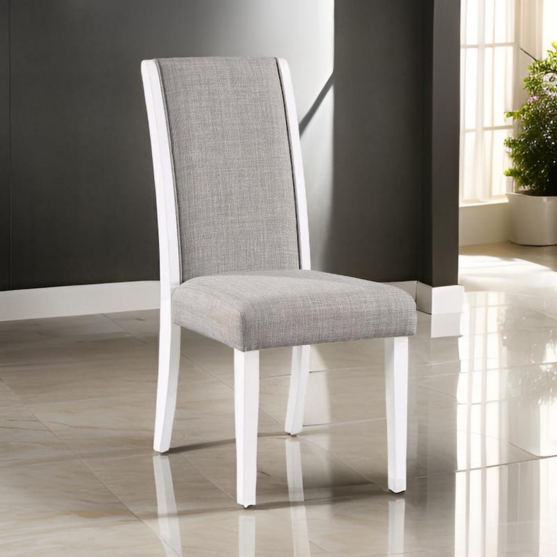 Joyce 26 Inch Side Dining Chair Set of 2, Gray Linen Upholstery, White Wood