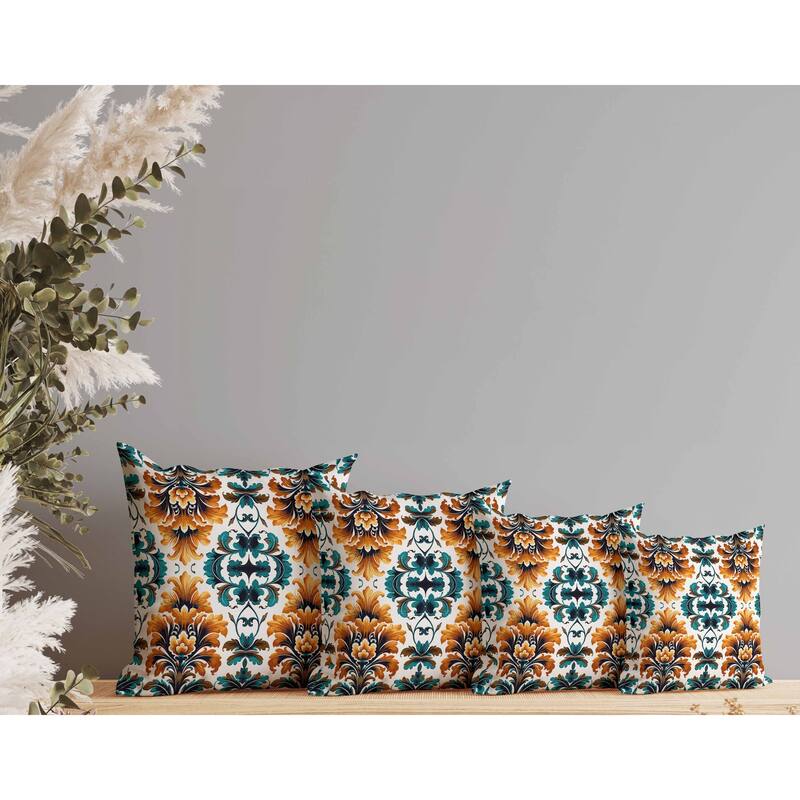 Damask Rapture Indoor/Outdoor Reversible Throw Pillow Turquoise and Orange