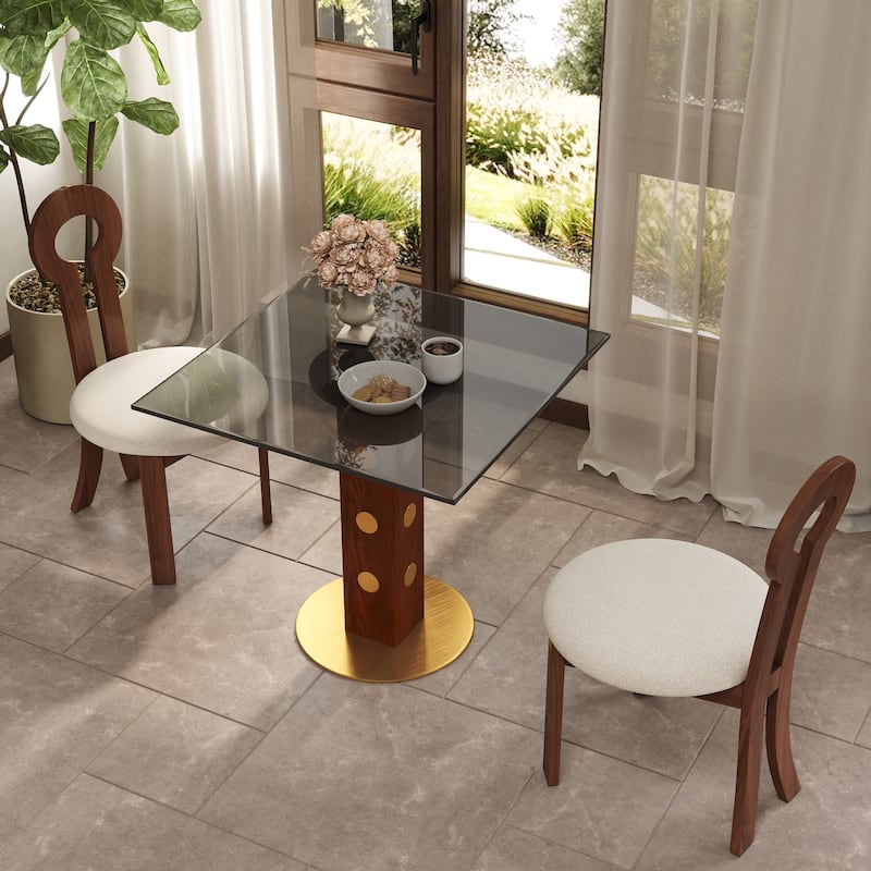 33" Retro Square Glass & Sintered Stone Tabletop Dining Table with Solid Wood Pedestal - Glass Tabletop-Grey