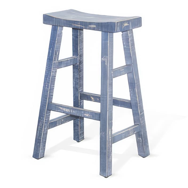 Rena Barstool Set of 2, Saddle Style Seat, Ocean Blue Mahogany Wood