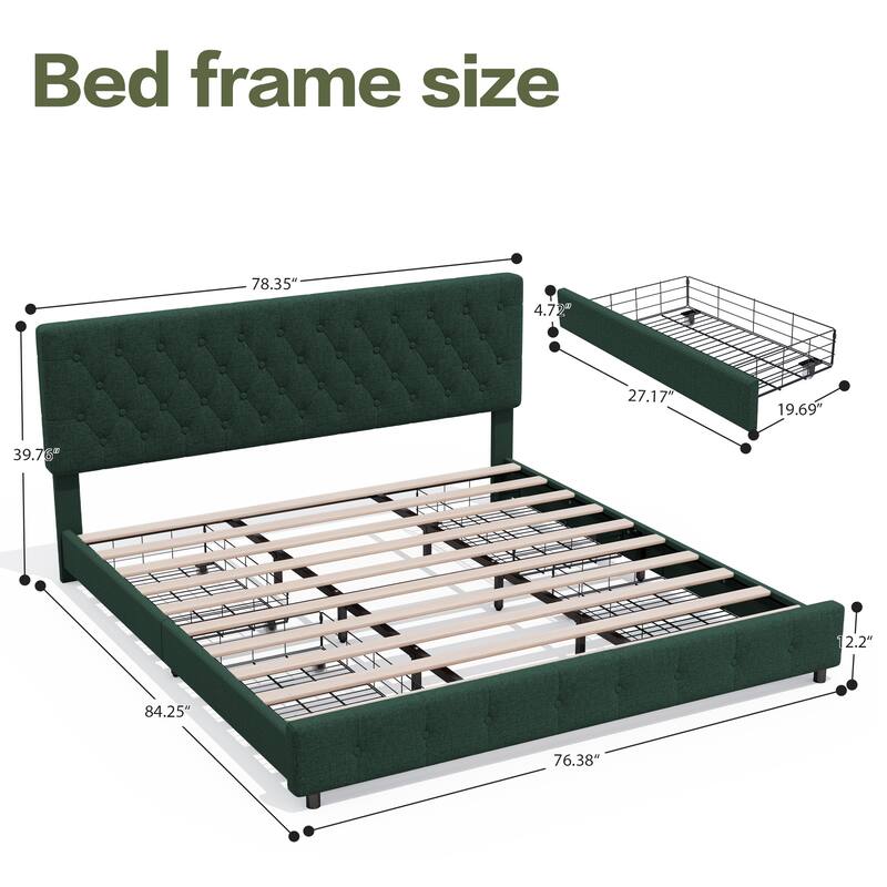 Linen Upholstered Headboard Bed Frame with Large Hidden Storage, 4 Underbed Drawers with Pulleys