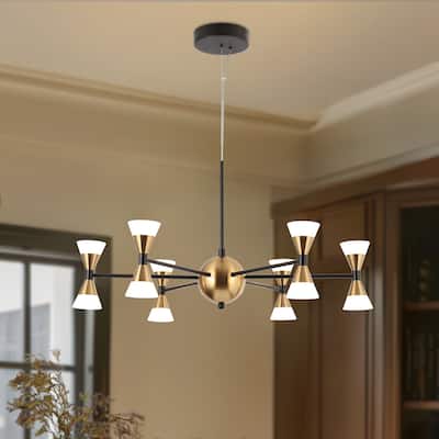 Modern 12-Light Integrated LED Chandelier Black Gold Pendant Lights for Dining Room - 23.5" D x 12.5" H