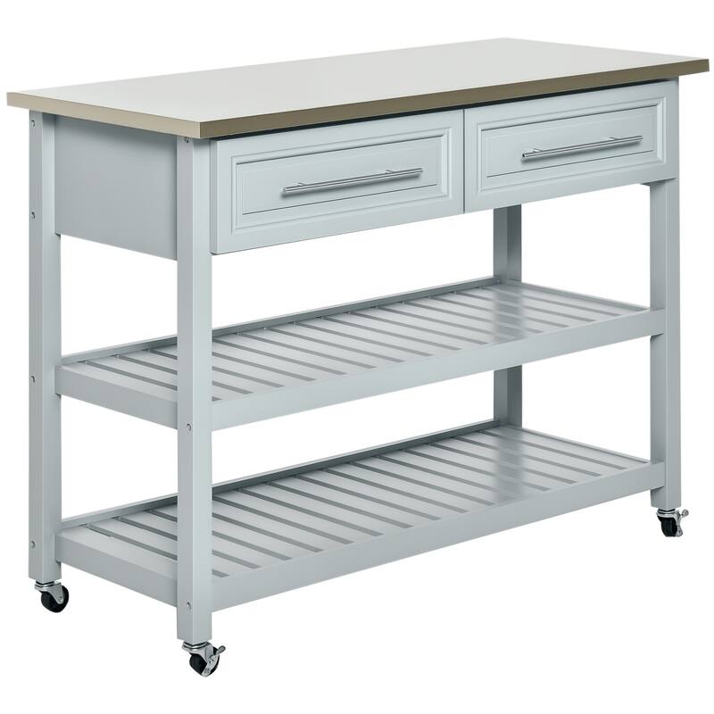 HOMCOM Kitchen Island Stainless Steel Top Rolling Utility Cart with Drawers, Shelves - Grey
