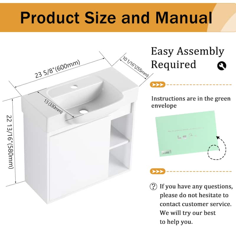 Malwee 24"/28" Floating Bathroom Vanity,Wall Mounted Bathroom Vanity with Ceramic Sink and Soft Close Door