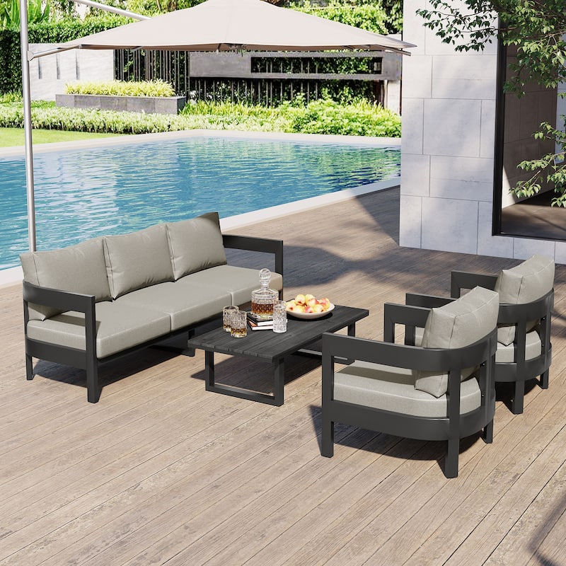 Outdoor Seating Set with Table and Thick Cushions for Lawns (Set of 4) - Light Gray