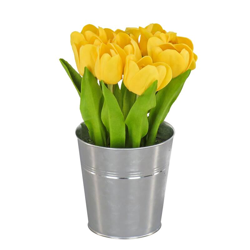National Tree Company 9 in. Yellow Tulip Bouquet in Metal Pot