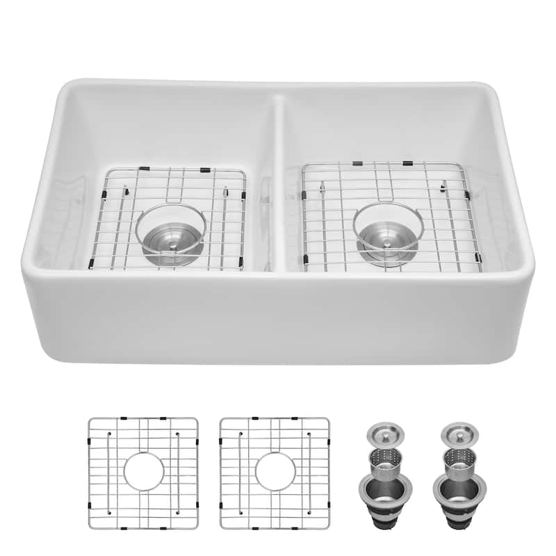 32'' Farmhouse Ceramic Double Bowl Kitchen Sink in White - 32'' x 20'' x 9''
