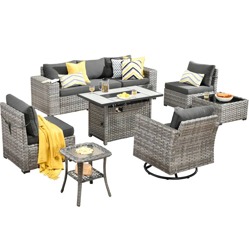 HOOOWOOO 9-piece Wicker Outdoor Modular Wide Armrest Sectional Set Fire Pit Set