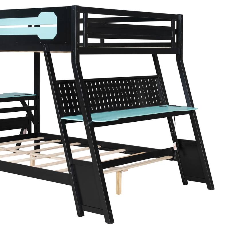 Gaming Bunk Bed Two Built-In Gaming Desks Each Side Loft Bed with USB Desktop Ports and Pegboard Organizer for Gaming Room Gamer
