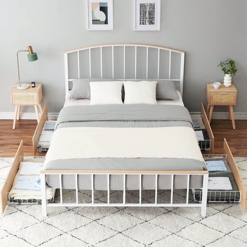 Platform Bed Frame with Headboard, Footboard, 4 Storage Drawers on Wheels