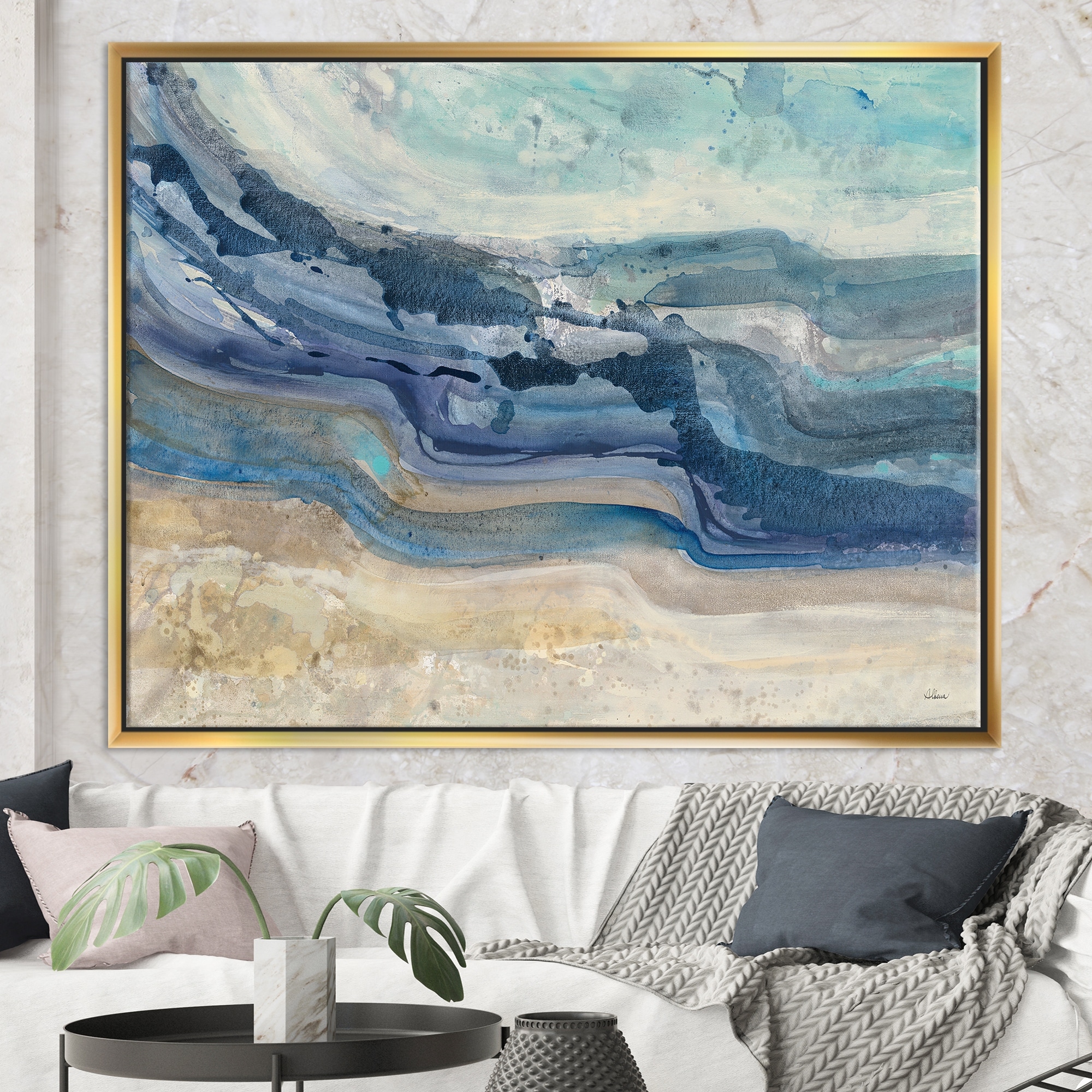 Designart "Coast Blue Sea Waves Watercolour" Modern Farmhouse Framed Canvas
