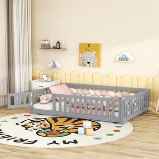 Full Size Bed Floor Bed with Safety Guardrails and Door for Kids