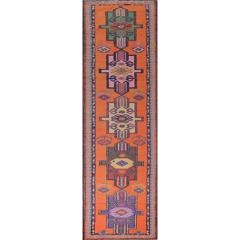 Orange Geometric Anatolian Oriental Runner Rug Handmade Silk Carpet - 3'0"x 12'4"