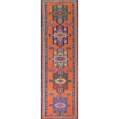 Orange Geometric Anatolian Oriental Runner Rug Handmade Silk Carpet - 3'0"x 12'4"