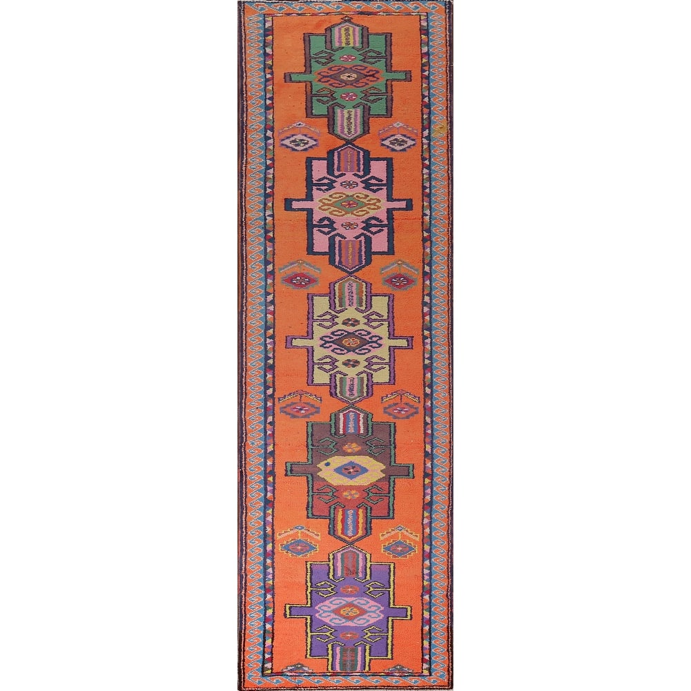 Orange Geometric Anatolian Oriental Runner Rug Handmade Silk Carpet - 3'0"x 12'4"