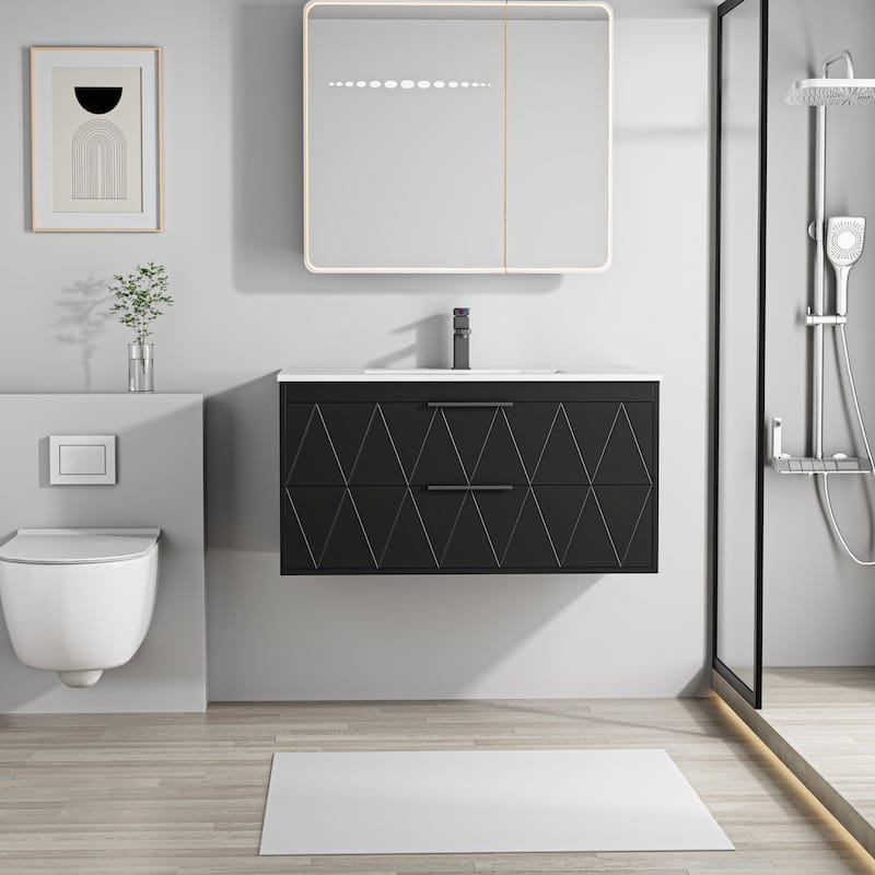 Wall Mount Vanity with Ceramic Sink SMC Sink Soft-Close - 36" - Black