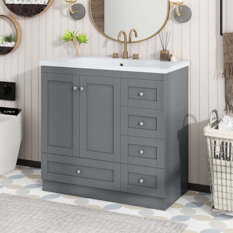 GDFStudio - Vega Wood 36" Shaker Style Bathroom Vanity with Ceramic Sink, 4 Drawers & 2 Doors