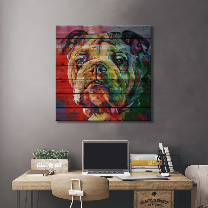 Bulldog Print On Wood by Jos Coufreur - Multi-Color