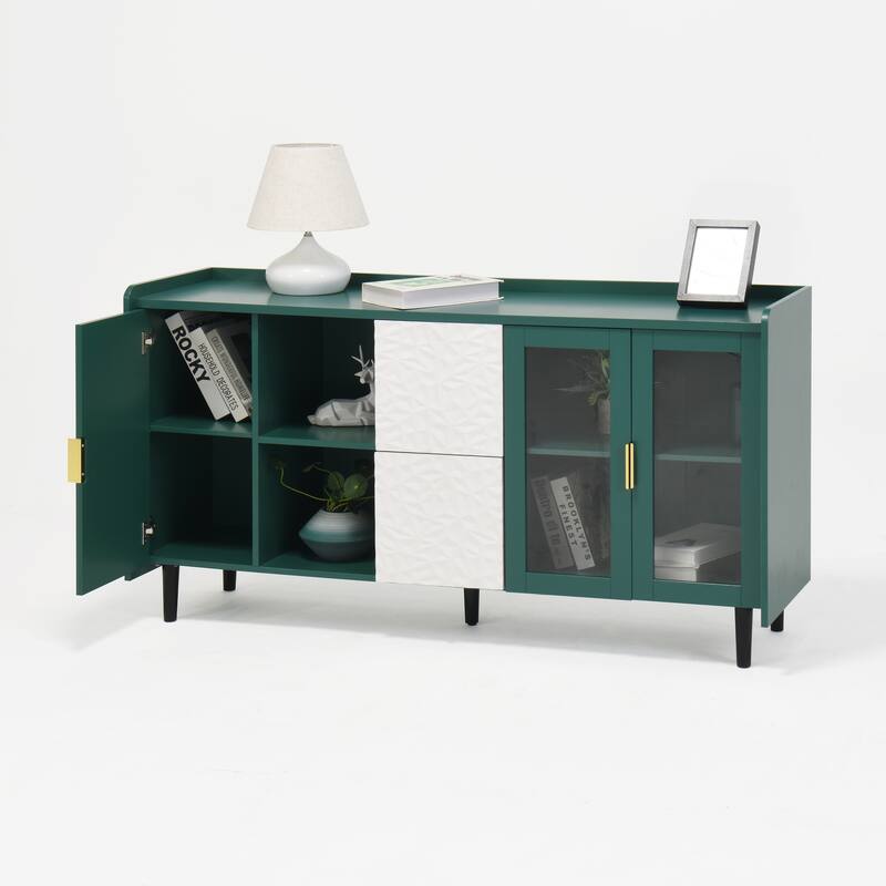 Kitchen Pantry Storage Cabinet, 55" Coffee Bar with 2 Drawers, 2 Open Storage Compartment & 2 Glass Doors, Wood Buffet Table