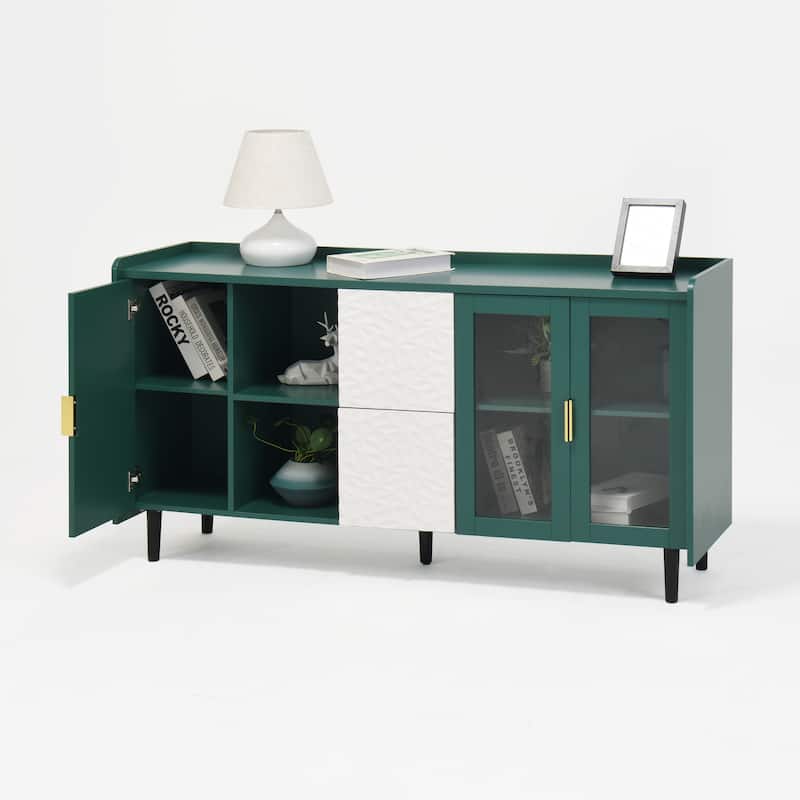 Kitchen Storage Cabinet Coffee Bar Cabinet Green Sideboard wGlass Doors, 2 Drawers Buffet Table TV Console Table Display Cabinet